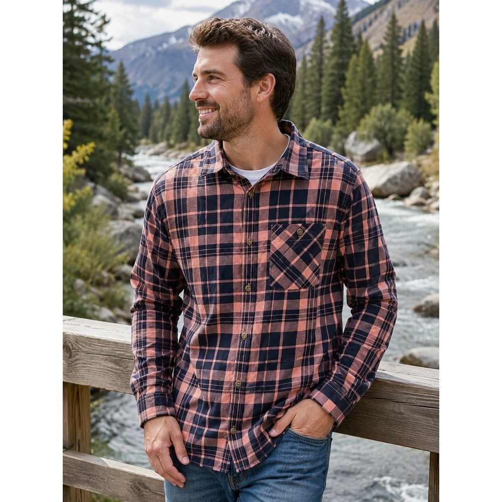 The North Face Men's Large Pink Navy Plaid Button Front Shirt